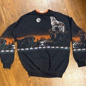 Vintage howling Black Wolf Print Men's Sweater